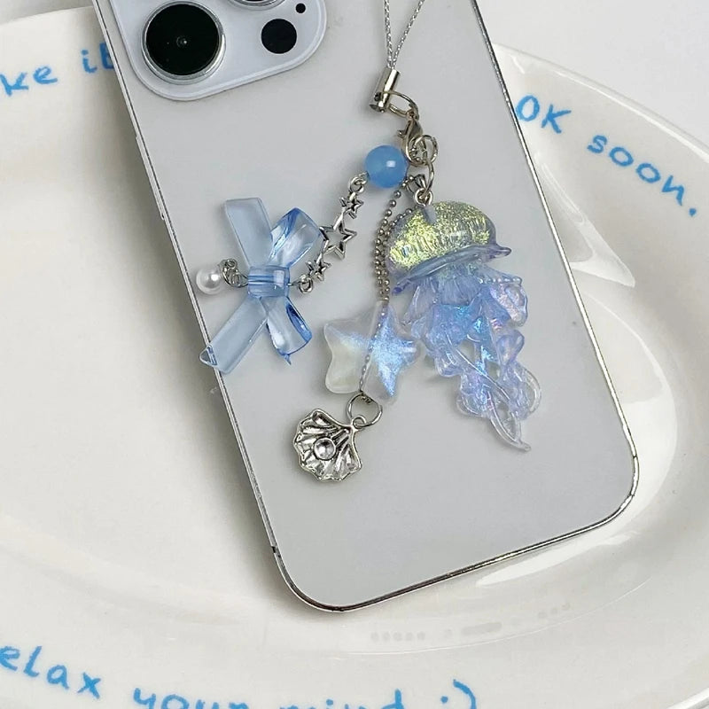 Y2K Jellyfish Tassel Mobile Key Chain Jellyfish Beaded Phone Charm Keycord Korean Sea Shell Fish Beads Chain BackPack Keyring (Copy)