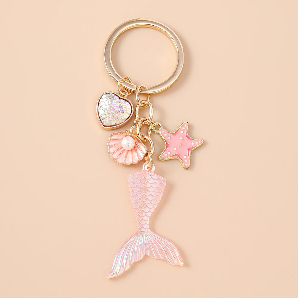 Fashion Mermaid Keychain Shell Starfish Key Ring Pendants for Women Girls Handbag Decor DIY Handmade Key Chain Gifts