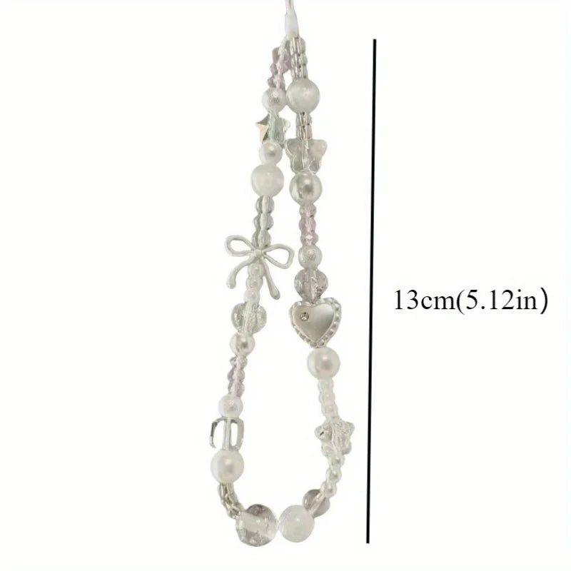 Korean Cute White Star Pearl Beads Phone Chain Trendy Pendant For iPhone Universal Accessories Lanyard Hanging Rope For Girl