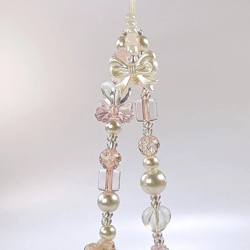 Cute Glass Bowknot Flower Bead Phone Strap Charm Chain Knot Cellphone Lanyard Keychain Girl Bag Camera Pendant for Airpods Case