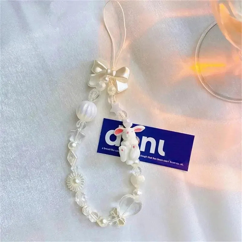 Sweet and Cute Pink Strawberry Mobile Strap Phone Chains For Women Pearl Chain Phone Pendant Charm Key Anti-Lost Lanyard Jewelry