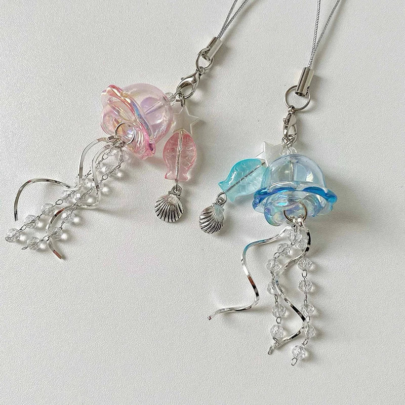 Y2K Jellyfish Tassel Mobile Key Chain Jellyfish Beaded Phone Charm Keycord Korean Sea Shell Fish Beads Chain BackPack Keyring (Copy)