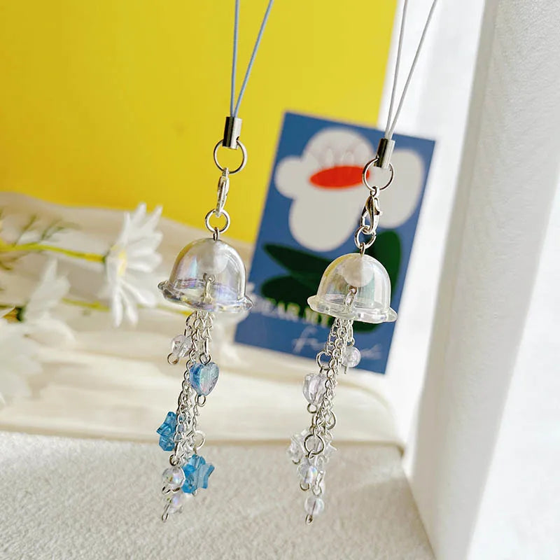 Y2K Purple Pink Jellyfish Key Chain Wind Chimes Star Heart Beaded Keyring for Phone Camera Earphone Case Charm Pendant Keycord