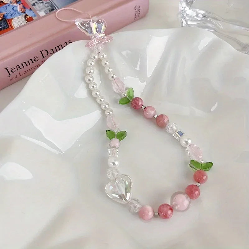 Cute Peach Beaded Mobile Phone Charm Strap Chain, Women Sweet Girls Jewelry, Pearl Cellphone Flower Lanyard for iPhone Keychain