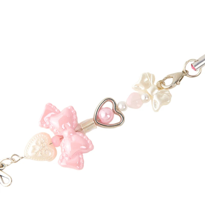 Y2K Pink Bowknot Heart Beaded Keychain Sweet Cute Mobile Phone Lanyard Fresh All-match Bag Pendant Purse Hanging Decoration