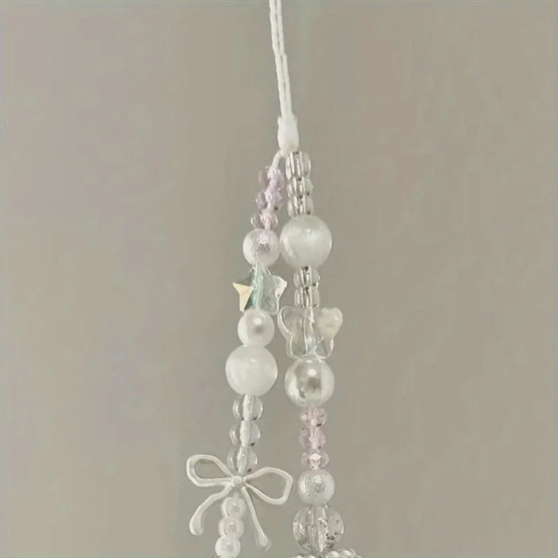 Korean Cute White Star Pearl Beads Phone Chain Trendy Pendant For iPhone Universal Accessories Lanyard Hanging Rope For Girl