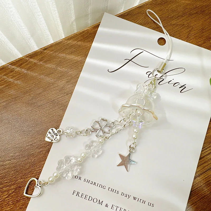 Y2K Purple Pink Jellyfish Key Chain Wind Chimes Star Heart Beaded Keyring for Phone Camera Earphone Case Charm Pendant Keycord