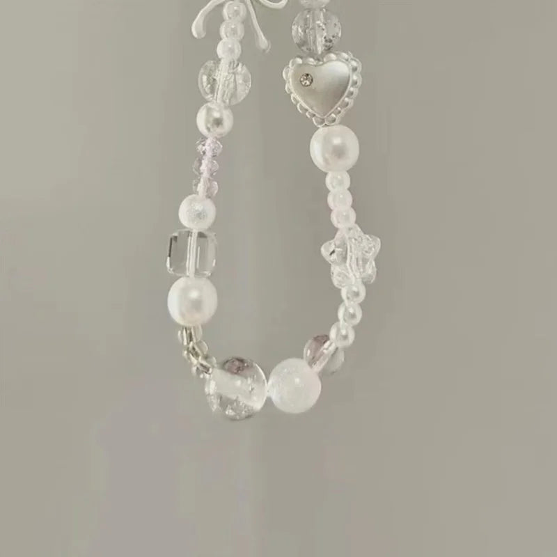Korean Cute White Star Pearl Beads Phone Chain Trendy Pendant For iPhone Universal Accessories Lanyard Hanging Rope For Girl