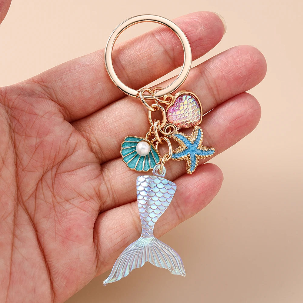 Fashion Mermaid Keychain Shell Starfish Key Ring Pendants for Women Girls Handbag Decor DIY Handmade Key Chain Gifts