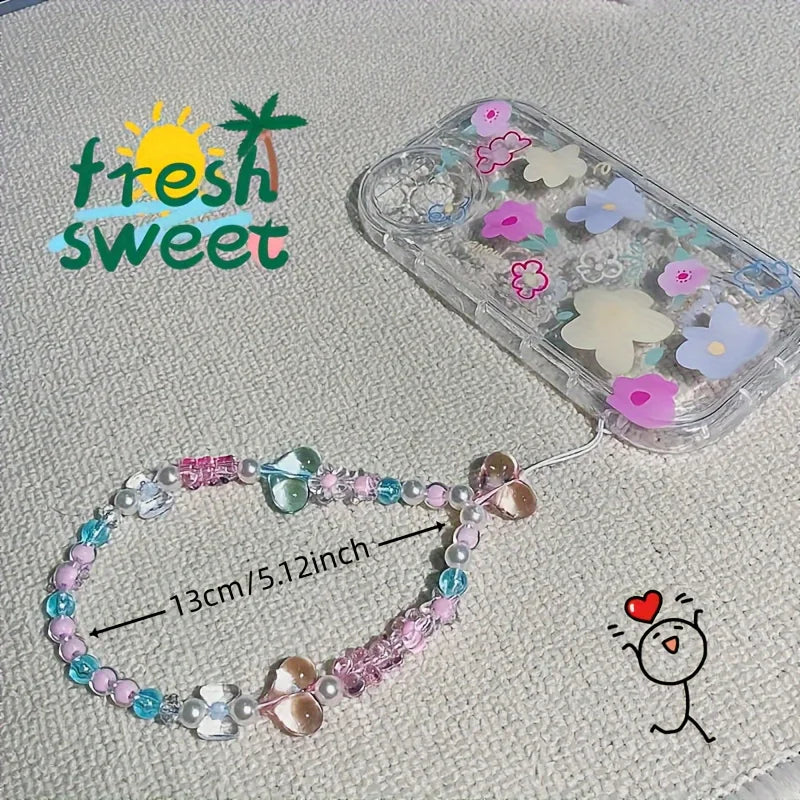 Cute Pink Love Heart Bowkont Beads Phone Chain Sweet Bear Hanging Rope Camera Lanyard Anti-lost Wrist Straps Bag Accessories