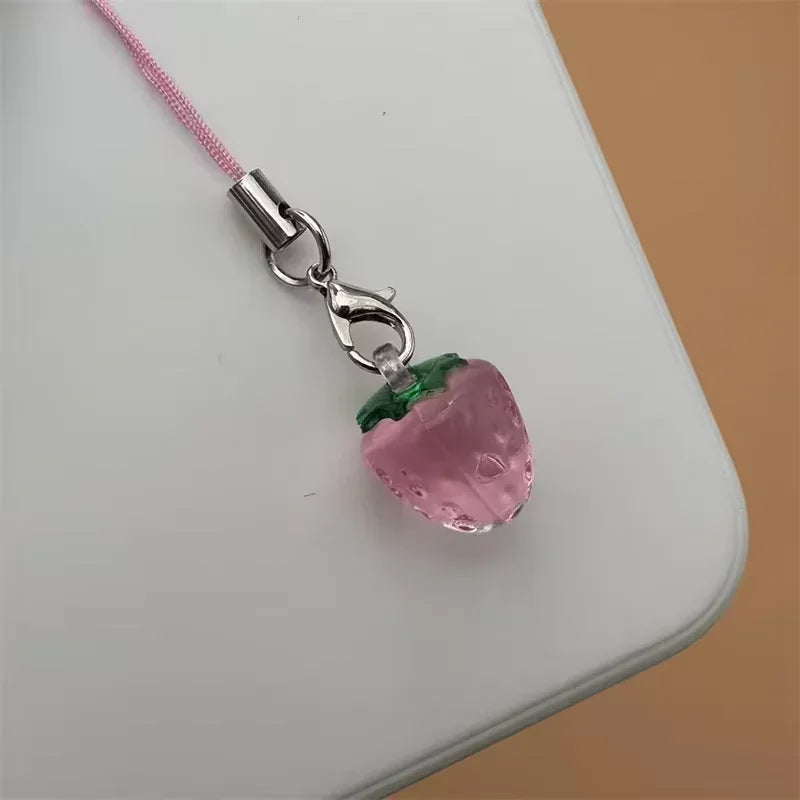 Cute Strawberry Phone Charms Resin Pendant with Created Accents, Mini Fruit Charm Mobile Lanyard Accessories