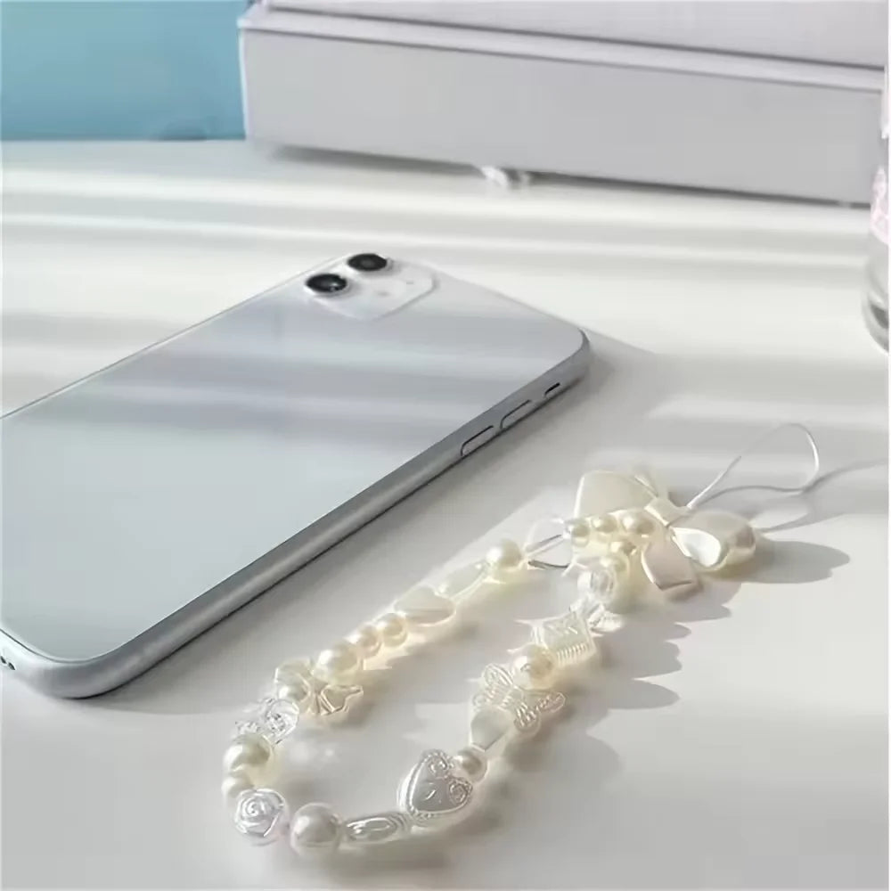 Fashion Cute Pearl Love Heart Bowknot Phone Chain Charm Lanyard For iPhone Samsung Huawei Universal Accessories Jewelry Pendant