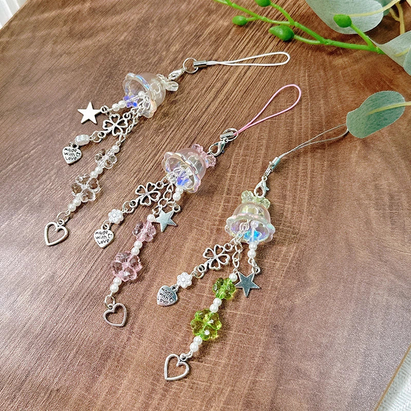 Y2K Purple Pink Jellyfish Key Chain Wind Chimes Star Heart Beaded Keyring for Phone Camera Earphone Case Charm Pendant Keycord