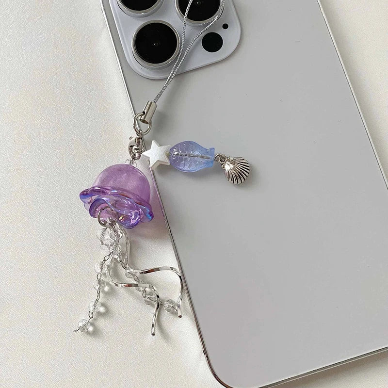 Y2K Jellyfish Tassel Mobile Key Chain Jellyfish Beaded Phone Charm Keycord Korean Sea Shell Fish Beads Chain BackPack Keyring (Copy)