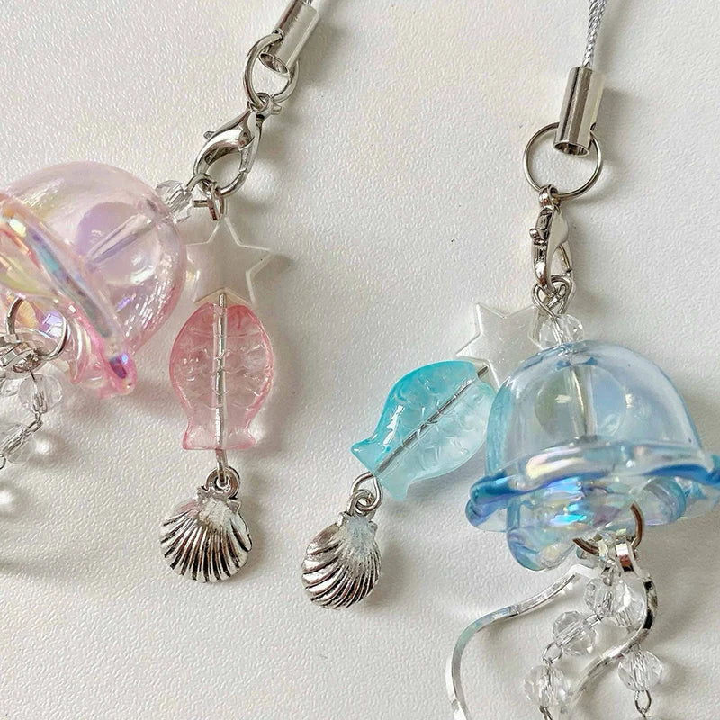 Y2K Jellyfish Tassel Mobile Key Chain Jellyfish Beaded Phone Charm Keycord Korean Sea Shell Fish Beads Chain BackPack Keyring (Copy)
