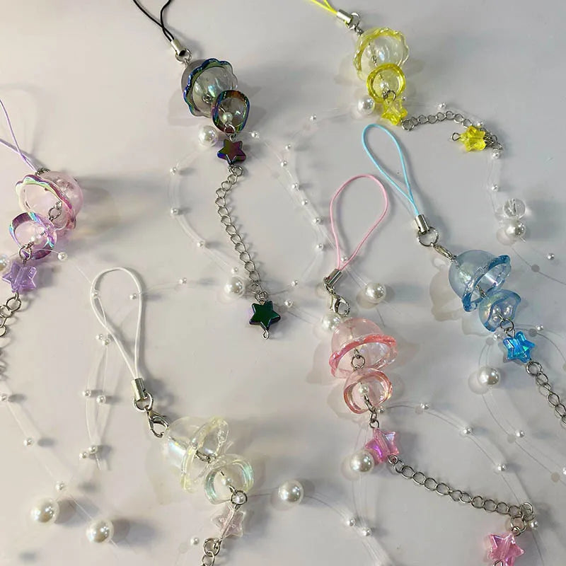 Y2K Jellyfish Tassel Mobile Key Chain Jellyfish Beaded Phone Charm Keycord Korean Sea Shell Fish Beads Chain BackPack Keyring (Copy)