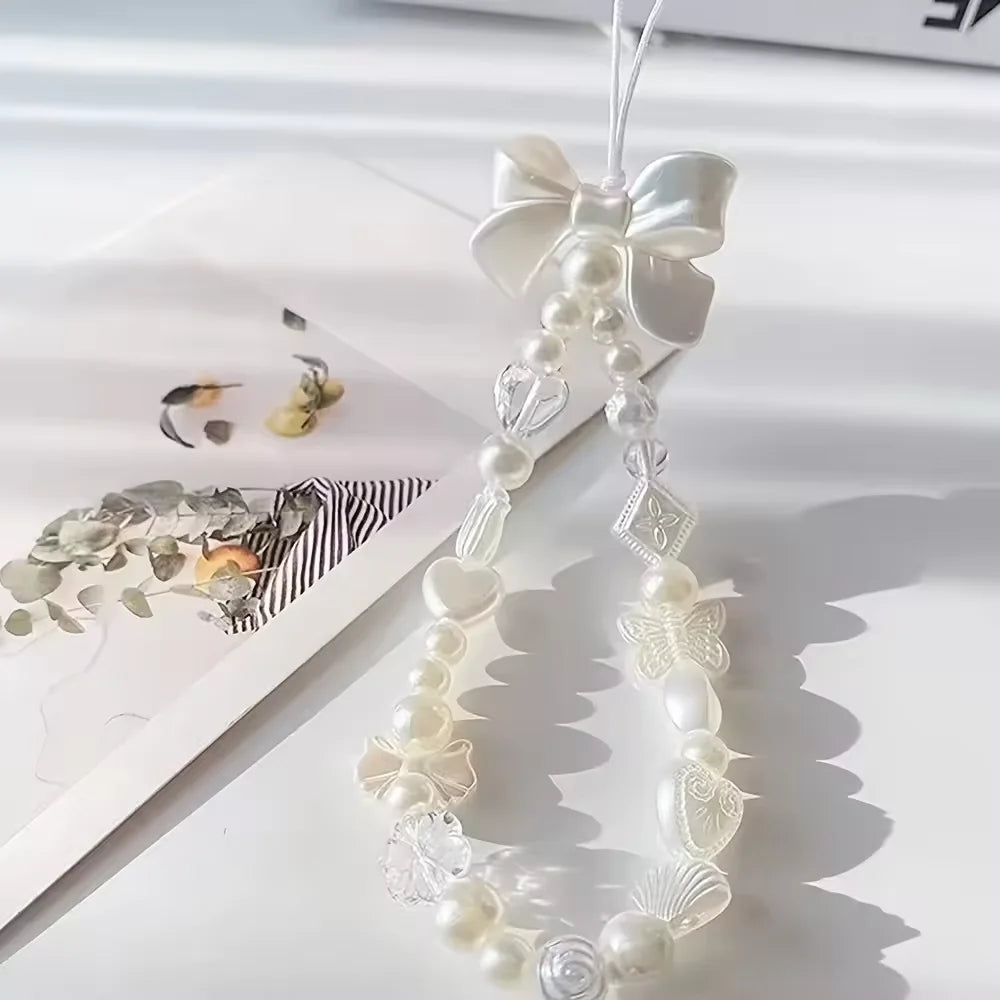 Fashion Cute Pearl Love Heart Bowknot Phone Chain Charm Lanyard For iPhone Samsung Huawei Universal Accessories Jewelry Pendant