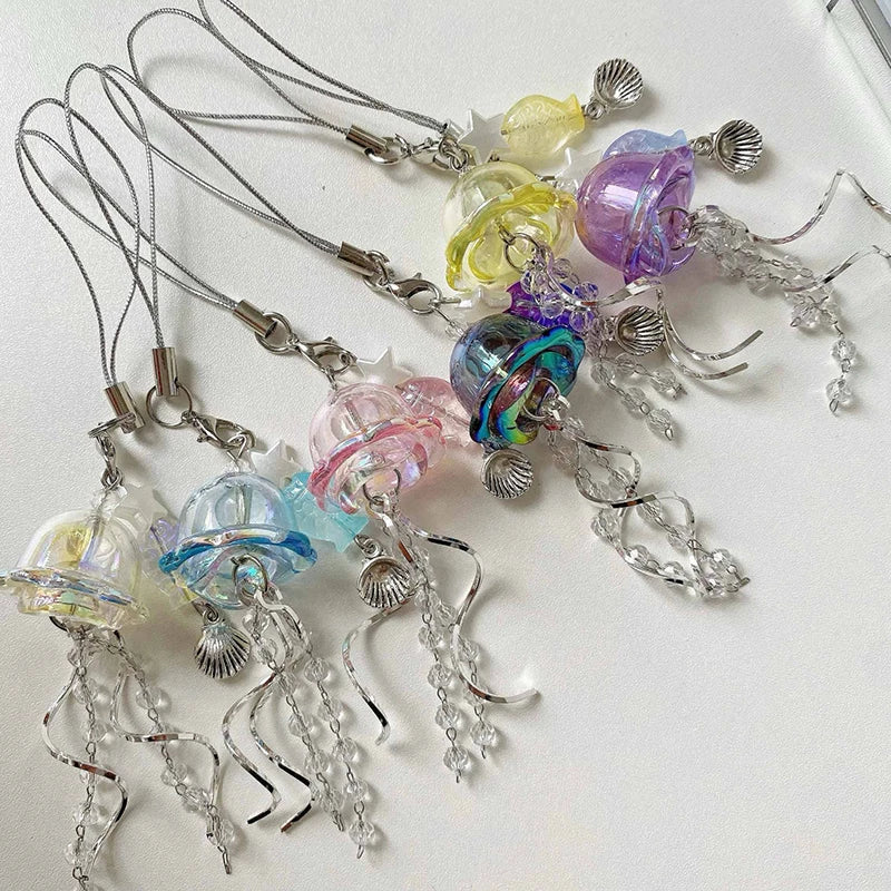 Y2K Jellyfish Tassel Mobile Key Chain Jellyfish Beaded Phone Charm Keycord Korean Sea Shell Fish Beads Chain BackPack Keyring (Copy)