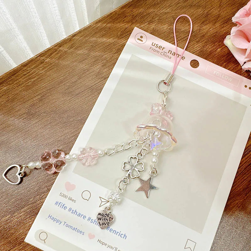 Y2K Purple Pink Jellyfish Key Chain Wind Chimes Star Heart Beaded Keyring for Phone Camera Earphone Case Charm Pendant Keycord