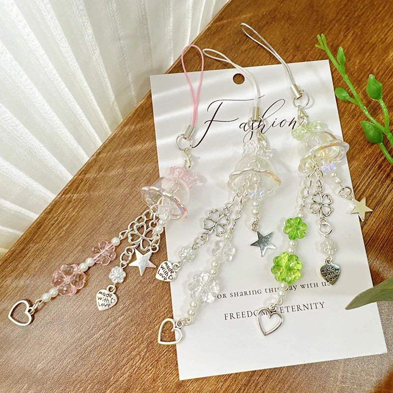 Y2K Purple Pink Jellyfish Key Chain Wind Chimes Star Heart Beaded Keyring for Phone Camera Earphone Case Charm Pendant Keycord