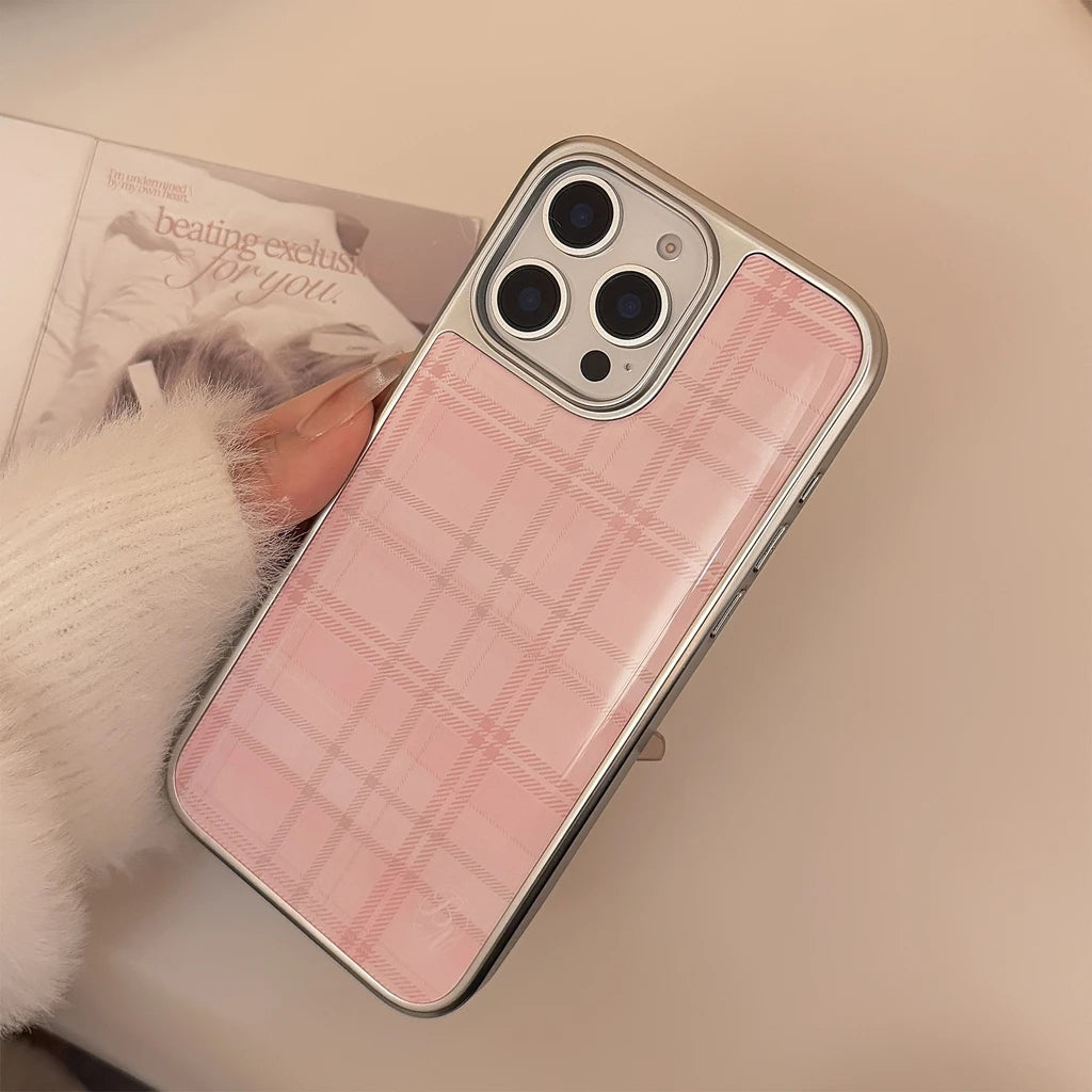 Sweet Pink Grid Pattern Drop Glue Cover Case for iPhone 16 15 14 13 12 11 Pro Max Plus Shockproof Protective Phone Case