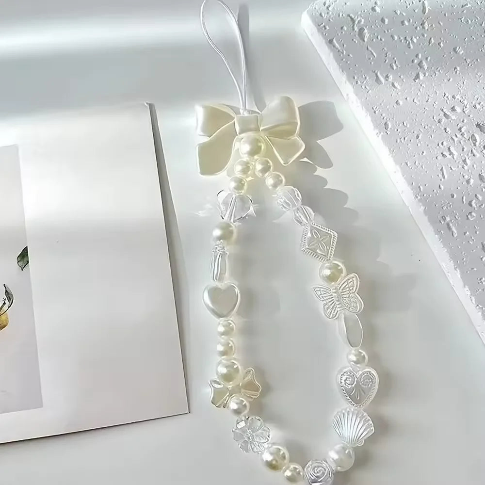 Fashion Cute Pearl Love Heart Bowknot Phone Chain Charm Lanyard For iPhone Samsung Huawei Universal Accessories Jewelry Pendant