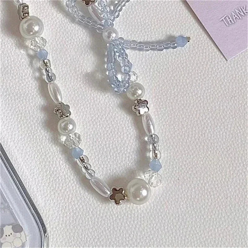 Korean Cute Bowknot Star Pearl Pendant Beaded Phone Charm For iPhone Accessrioes Universal Lanyard Girl Jewelry Hanging Rope