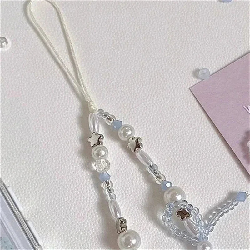 Korean Cute Bowknot Star Pearl Pendant Beaded Phone Charm For iPhone Accessrioes Universal Lanyard Girl Jewelry Hanging Rope