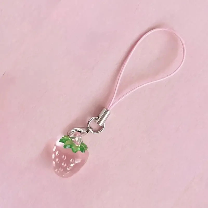 Cute Strawberry Phone Charms Resin Pendant with Created Accents, Mini Fruit Charm Mobile Lanyard Accessories