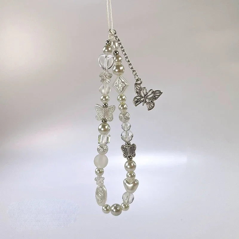 Cute Silver Butterfly Pearl Keychain on the Phone Charm Cute Lanyard Cell Phone Strap Pendant For Woman Mobile Accessories
