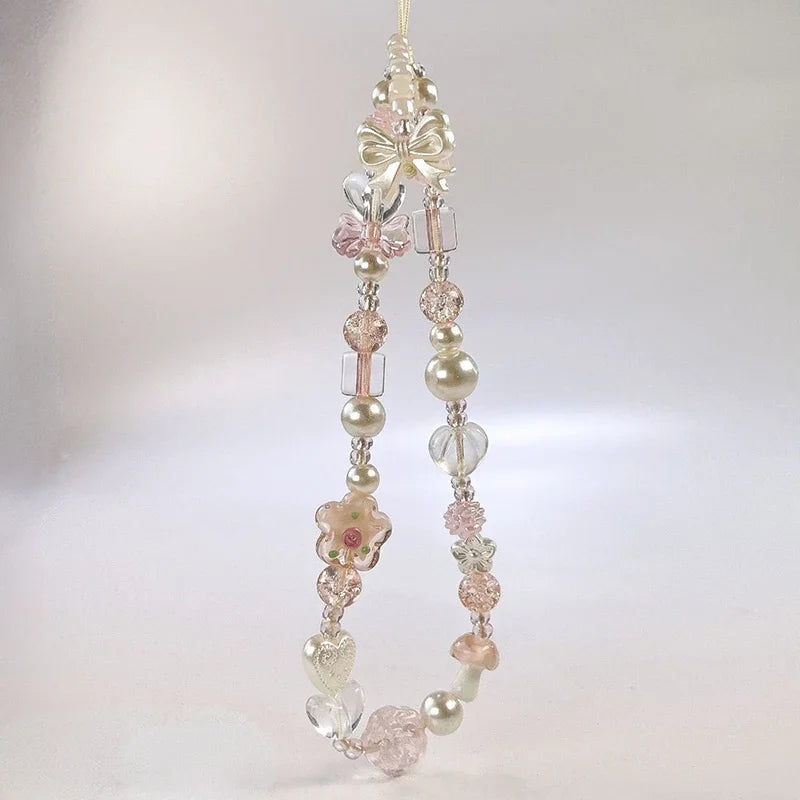 Cute Glass Bowknot Flower Bead Phone Strap Charm Chain Knot Cellphone Lanyard Keychain Girl Bag Camera Pendant for Airpods Case