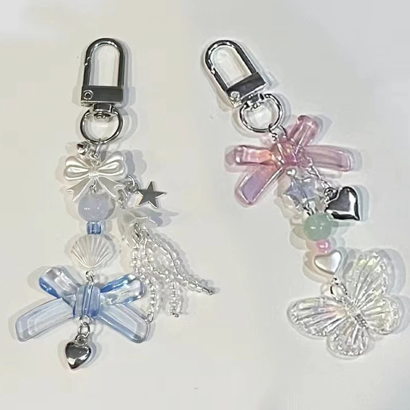Y2K Purple Pink Jellyfish Key Chain Wind Chimes Star Heart Beaded Keyring for Phone Camera Earphone Case Charm Pendant Keycord