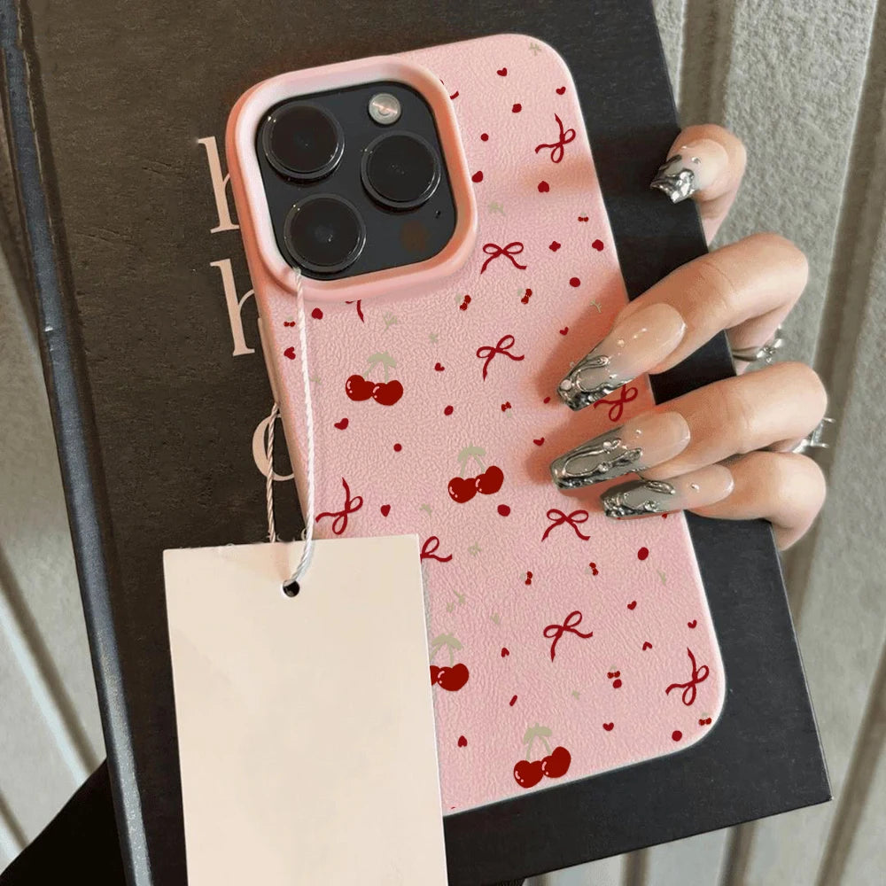 Cherry Phone Case For iPhone 16 Pro Max Case iPhone 14 13 15 11 12 17 Pro Max Plus Shockproof Soft Leather Cute Heart Bow Cover