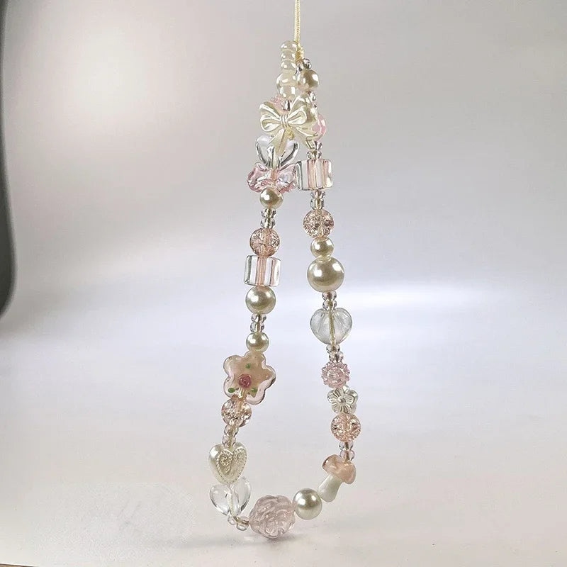 Cute Glass Bowknot Flower Bead Phone Strap Charm Chain Knot Cellphone Lanyard Keychain Girl Bag Camera Pendant for Airpods Case