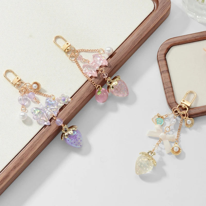 Y2K Bowknot Strawberry Keychain for Women Exquisite Sweet Flower Peach Bag Pendant Cute Romantic Accessorymobile Phone Chain