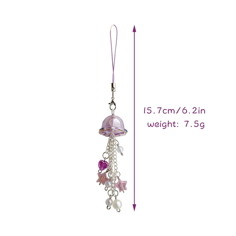 Y2K Purple Pink Jellyfish Key Chain Wind Chimes Star Heart Beaded Keyring for Phone Camera Earphone Case Charm Pendant Keycord