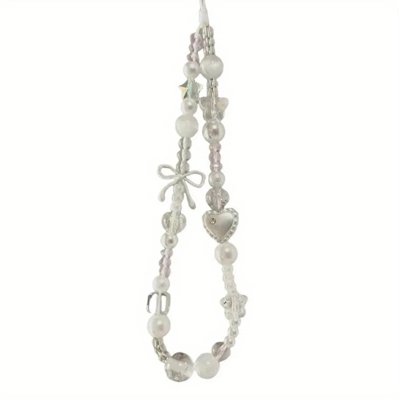 Korean Cute White Star Pearl Beads Phone Chain Trendy Pendant For iPhone Universal Accessories Lanyard Hanging Rope For Girl