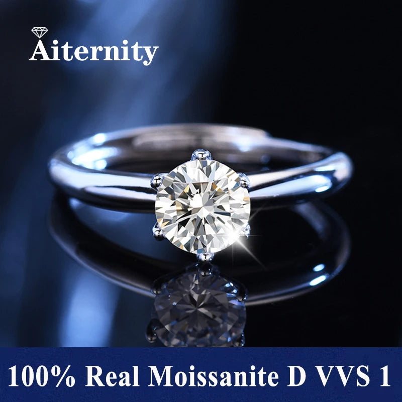 100% Real Moissanite Ring Adjustable Size S925 Sliver D VVS1 Pass Diamond Test Pen GRA Certificate 18K Plating Rings for Women (LZ)