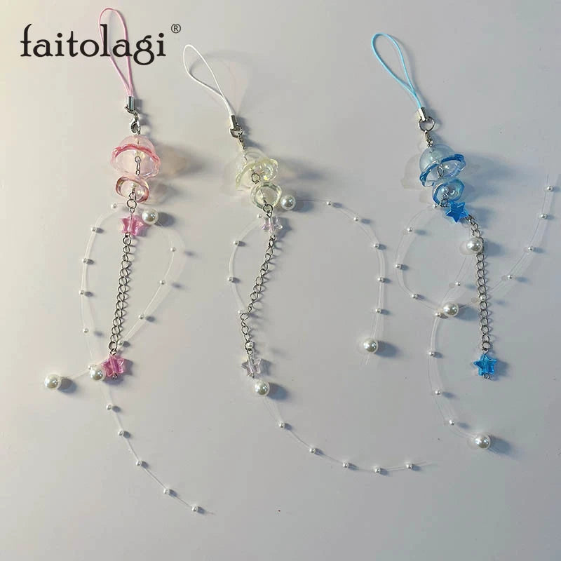 Y2K Jellyfish Tassel Mobile Key Chain Jellyfish Beaded Phone Charm Keycord Korean Sea Shell Fish Beads Chain BackPack Keyring (Copy)