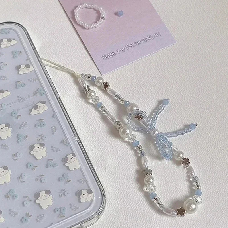 Korean Cute Bowknot Star Pearl Pendant Beaded Phone Charm For iPhone Accessrioes Universal Lanyard Girl Jewelry Hanging Rope