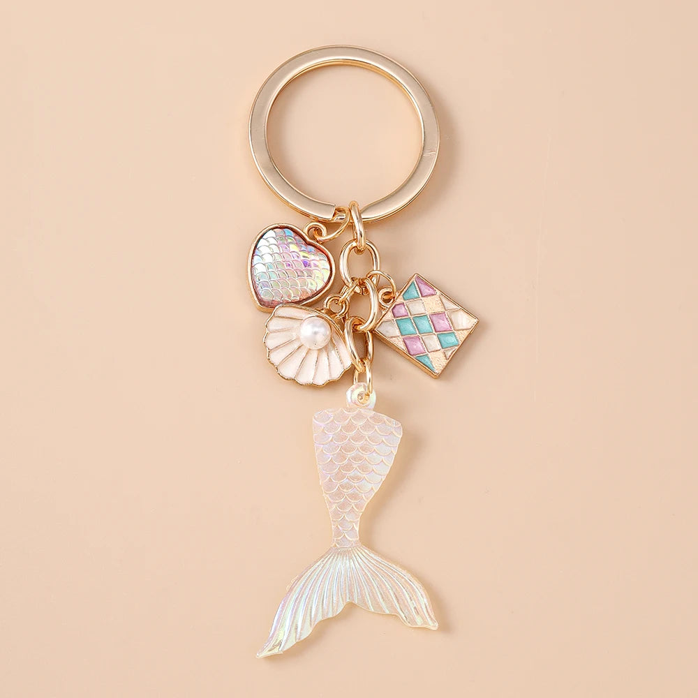 Fashion Mermaid Keychain Shell Starfish Key Ring Pendants for Women Girls Handbag Decor DIY Handmade Key Chain Gifts