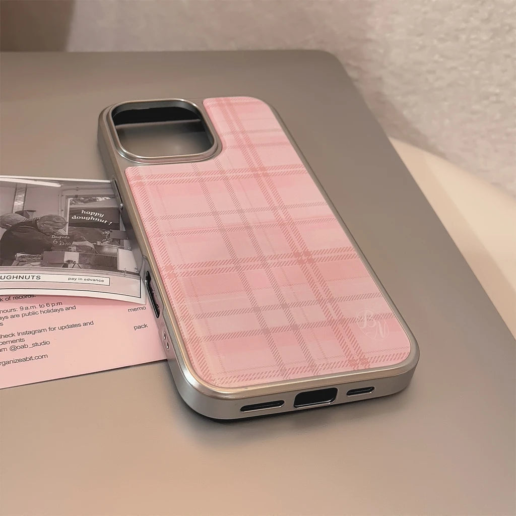 Sweet Pink Grid Pattern Drop Glue Cover Case for iPhone 16 15 14 13 12 11 Pro Max Plus Shockproof Protective Phone Case