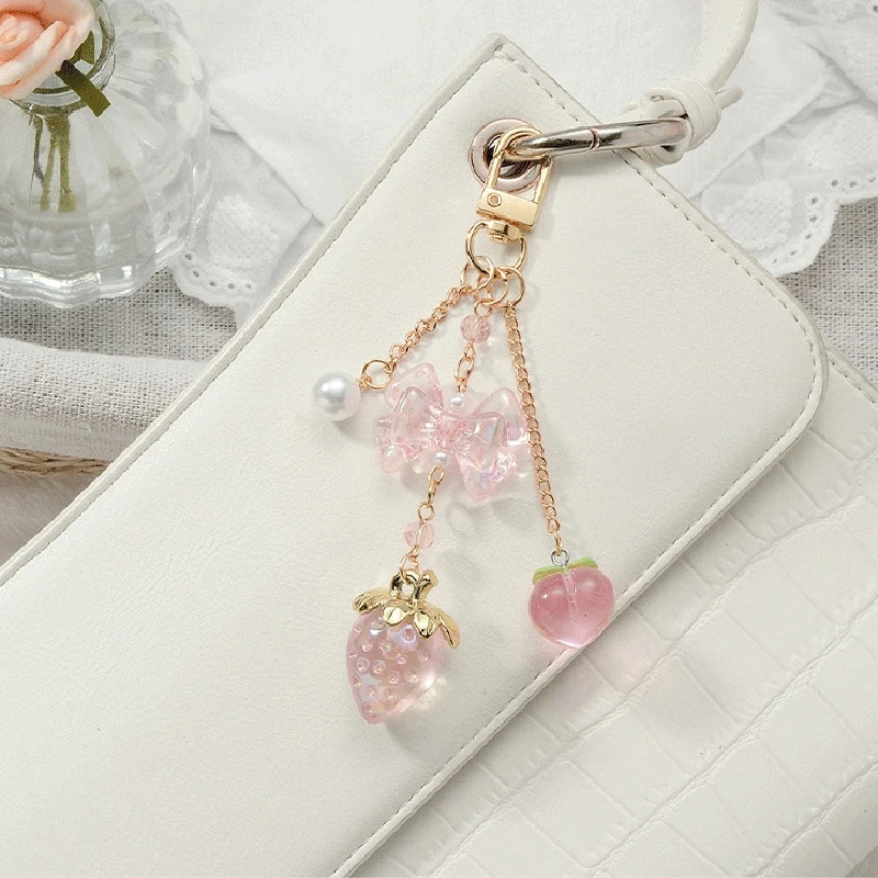 Y2K Bowknot Strawberry Keychain for Women Exquisite Sweet Flower Peach Bag Pendant Cute Romantic Accessorymobile Phone Chain